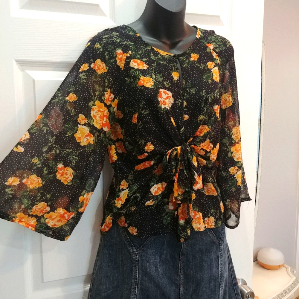 AlmostFamous front tie sheer black blouse orange flowers polka dots size S